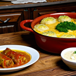 Rustic Romanian Feast**

"A wooden table laden with traditional Romanian dishes: sarmale (cabbage rolls), mamaliga (polenta) topped with cheese and sour cream, and a bowl of ciorba (soup). The scene is set in a cozy, rustic Romanian farmhouse kitchen.  Fully clothed, appropriate attire, safe for work, perfect anatomy, natural proportions, professional food photography, high quality, modest setting."

**