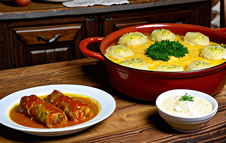 Rustic Romanian Feast**

"A wooden table laden with traditional Romanian dishes: sarmale (cabbage rolls), mamaliga (polenta) topped with cheese and sour cream, and a bowl of ciorba (soup). The scene is set in a cozy, rustic Romanian farmhouse kitchen.  Fully clothed, appropriate attire, safe for work, perfect anatomy, natural proportions, professional food photography, high quality, modest setting."

**