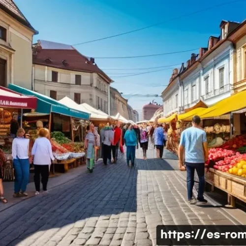 루마니아어 기본 회화 - A vibrant Romanian street market scene during daytime, with diverse people casually shopping and int...