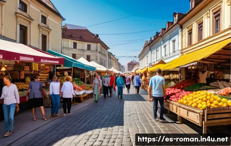 루마니아어 기본 회화 - A vibrant Romanian street market scene during daytime, with diverse people casually shopping and int...