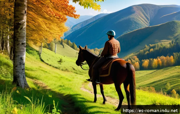루마니아에서 승마 체험 - A scenic horseback riding trail through the dense, lush forests of the Carpathian Mountains in Roman...