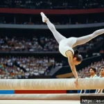 나디아 코마네치  체조 선수 - A young female gymnast wearing a pristine white leotard with subtle silver accents, performing a fla...