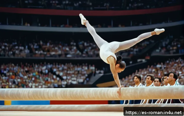 나디아 코마네치  체조 선수 - A young female gymnast wearing a pristine white leotard with subtle silver accents, performing a fla...